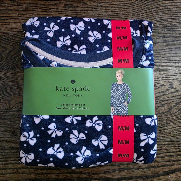Kate Spade New York Bow Print 2 Piece Pajama Set Pink Fleece Lounge Sleepwear - Picture 2 of 8